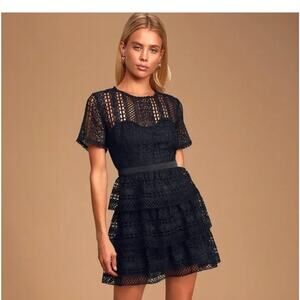 Lulus Mini Dress Black Floral Crochet Lace Tiered- XS